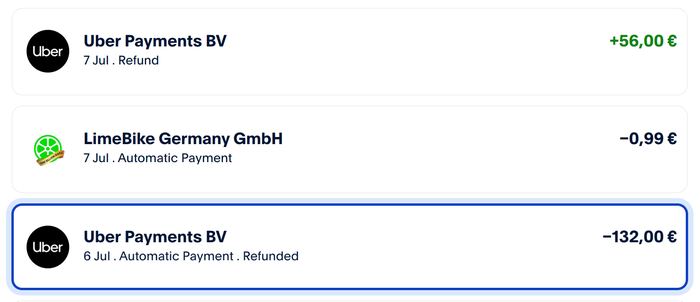 Bank statement showing a EUR132 charge from Uber Payments and a partial EUR56 refund