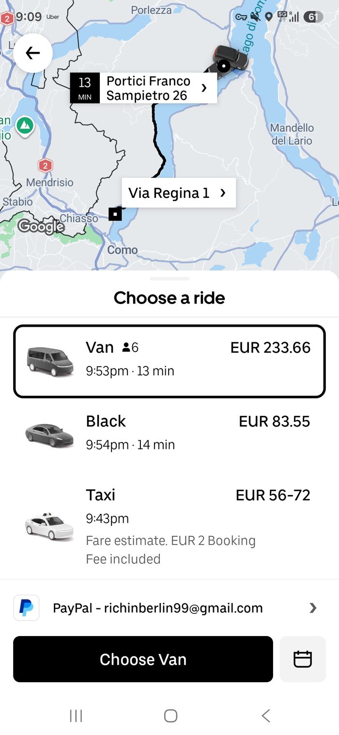 Uber app showing a Taxi fare estimate of EUR 56-72 for the same route