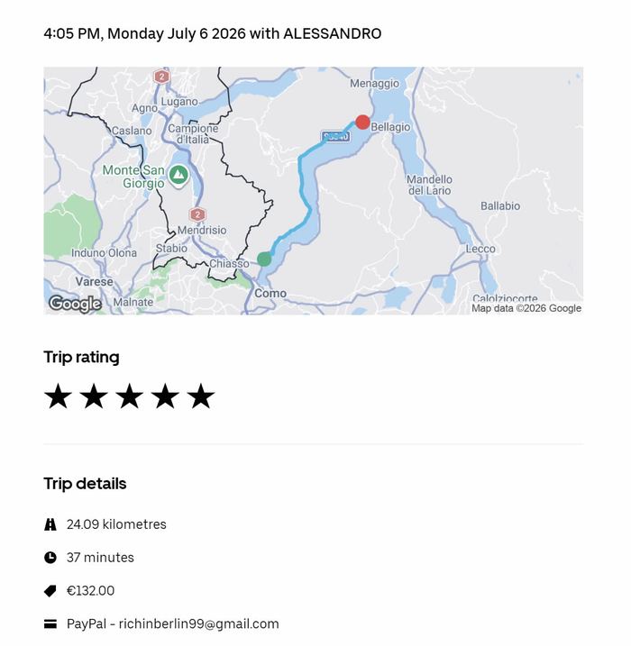 Uber trip receipt showing 24.09 kilometres, 37 minutes, and a EUR132.00 fare, rated 5 stars